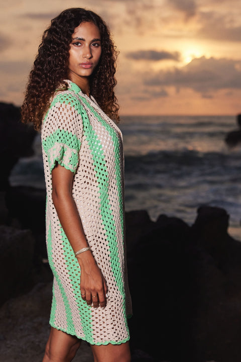 State Of Georgia I THE COVE CROCHET SHIRT DRESS - GREEN STRIPES
