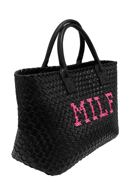 Lilly Loves MILF vegan handbag, stylish black leather-look tote with shoulder straps and spacious interior.