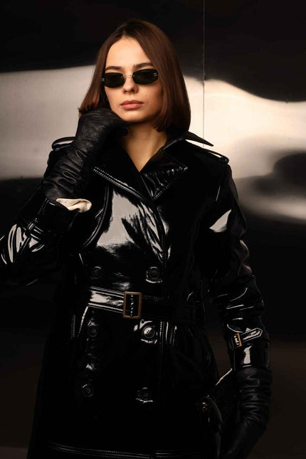 BÚDZIKO | NYC BLACK PATENT LEATHER TRENCH COAT