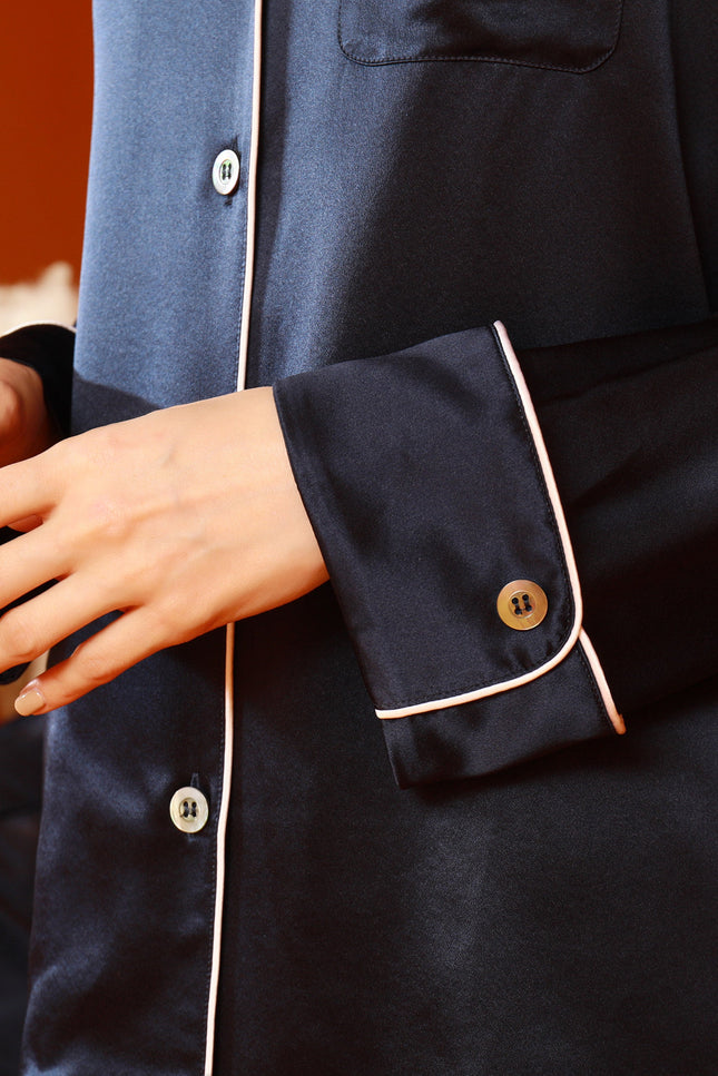 Soft Strokes Silk | Navy Unisex Long Sleeve Pyjamas Set