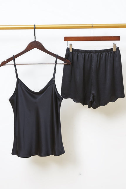 Soft Strokes Silk | Black Camisole and Scalloped Shorts Pyjamas Set
