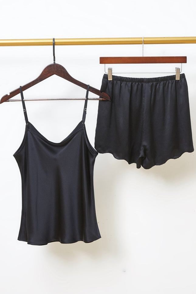 Soft Strokes Silk | Black Camisole and Scalloped Shorts Pyjamas Set