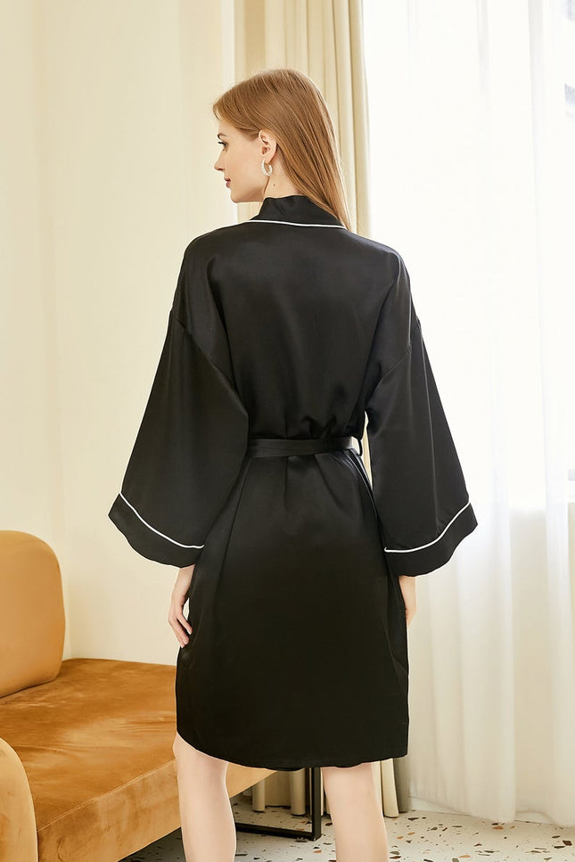 Soft Strokes Silk | Black Float Kimono Robe & Slip Mini Dress Set