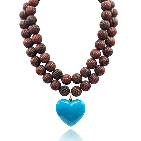 Michael Nash Jewelry | Amour Carved Tortoise Resin Beads With Turquoise Resin Heart Pendant