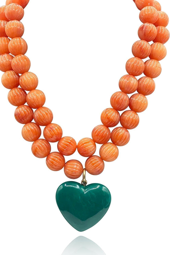 Michael Nash Jewelry | Amour Carved Coral Resin Bead With Jade Green Resin Heart Pendant