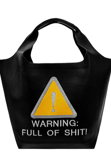 Lilly Loves Warning: Full Of Shit shoulder handbag with black strap and colorful graphic design on the front.