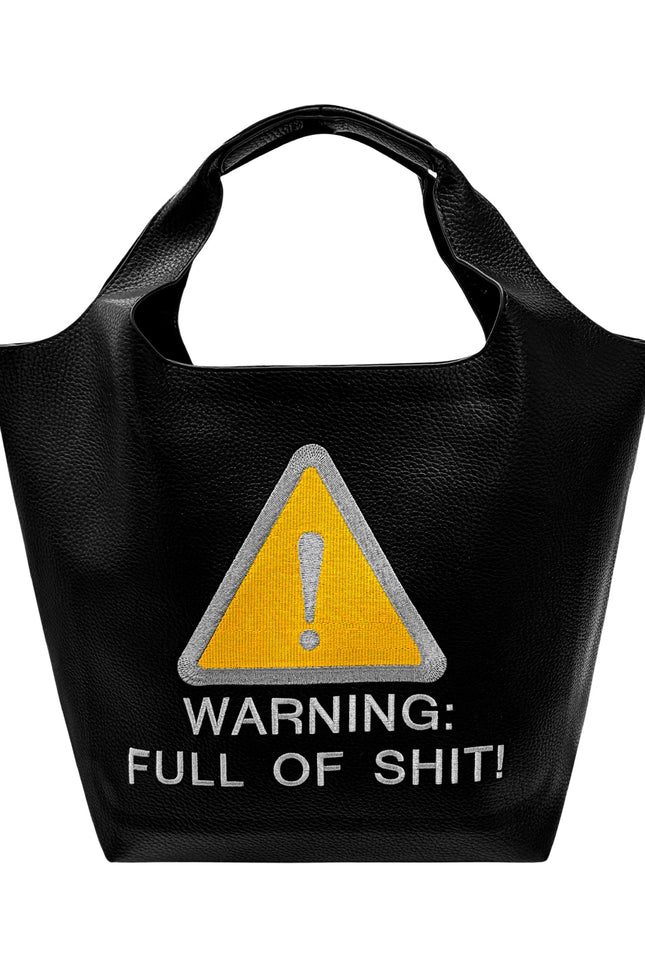 Lilly Loves Warning: Full Of Shit shoulder handbag with black strap and colorful graphic design on the front.
