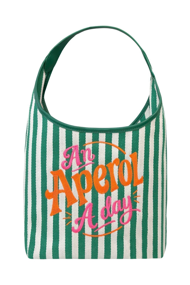 Lilly Loves Aperol a Day beach bag with vibrant green and white design, perfect for all your beach essentials.
