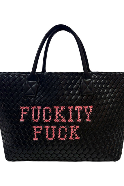 Lilly Loves Fuckity Fuck embroidered handbag featuring bold text and stylish design, with leather strap and intricate embroidery.