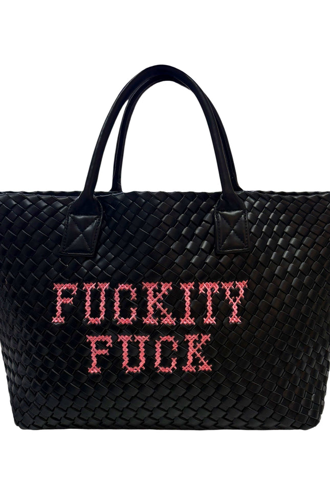 Lilly Loves Fuckity Fuck embroidered handbag featuring bold text and stylish design, with leather strap and intricate embroidery.