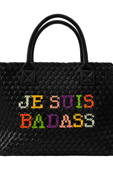 Lilly Loves Je Suis Badass Vegan embroidered handbag with bold text design and sturdy handles on a plain background.