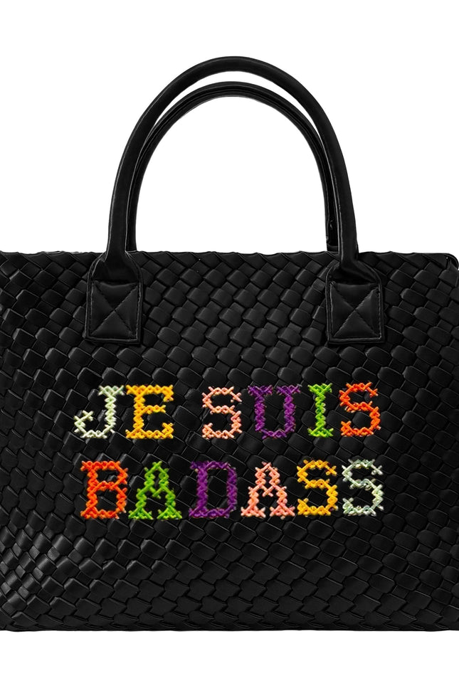 Lilly Loves Je Suis Badass Vegan embroidered handbag with bold text design and sturdy handles on a plain background.