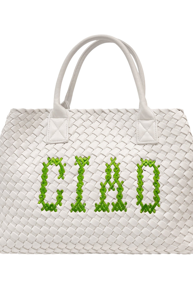 Lilly Loves Green Ciao vegan handbag with white accents, showcasing a sleek design and durable handles for daily wear.