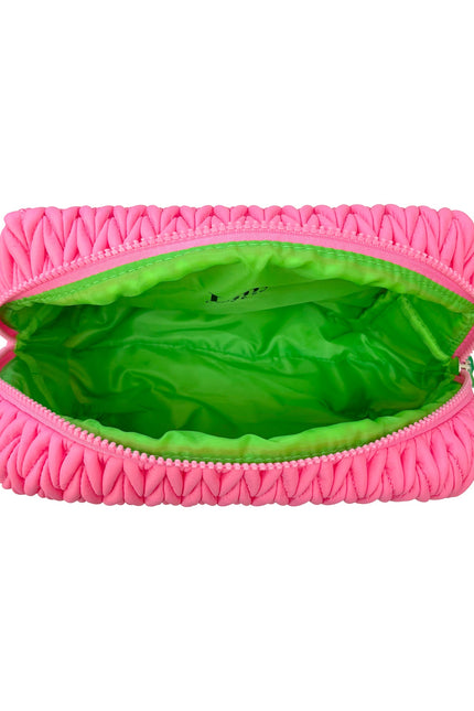 Pink squishy makeup bag by Lillyloves, soft wash bag with zipper closure, perfect for storing cosmetics and accessories.
