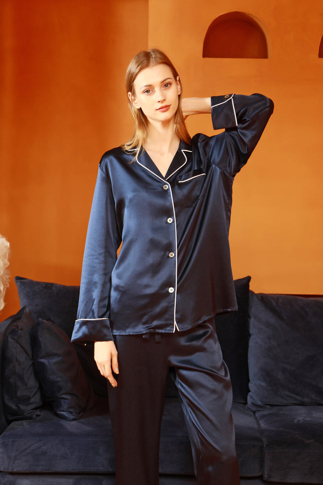 Soft Strokes Silk | Navy Unisex Long Sleeve Pyjamas Set