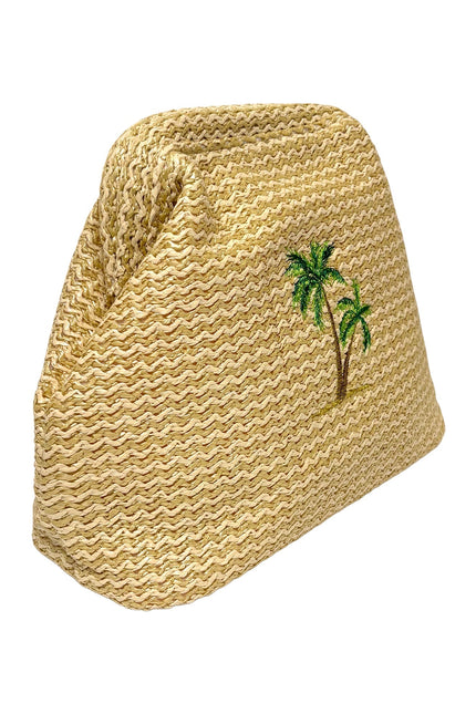 Lilly Loves Palm Tree Straw Clutch pouch with tropical palm leaf design and woven straw texture, perfect for summer accessories.