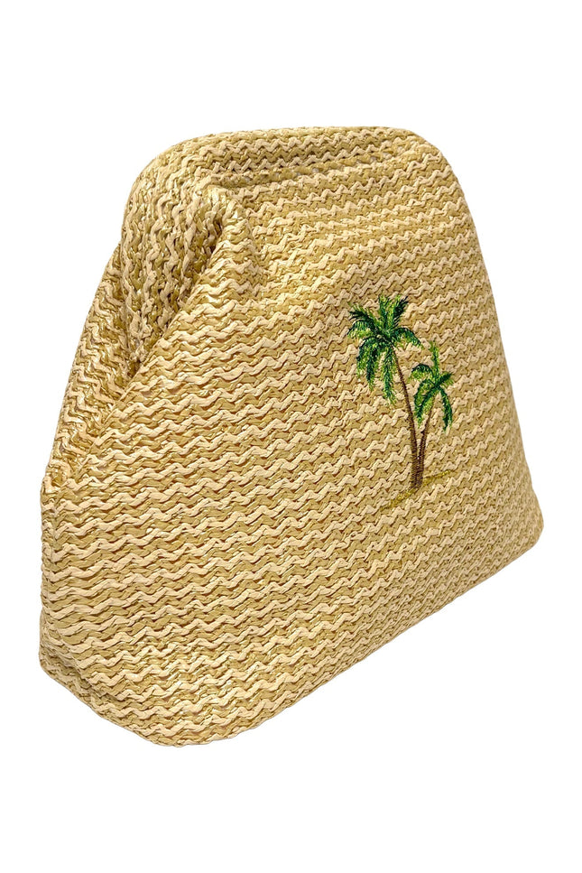 Lilly Loves Palm Tree Straw Clutch pouch with tropical palm leaf design and woven straw texture, perfect for summer accessories.