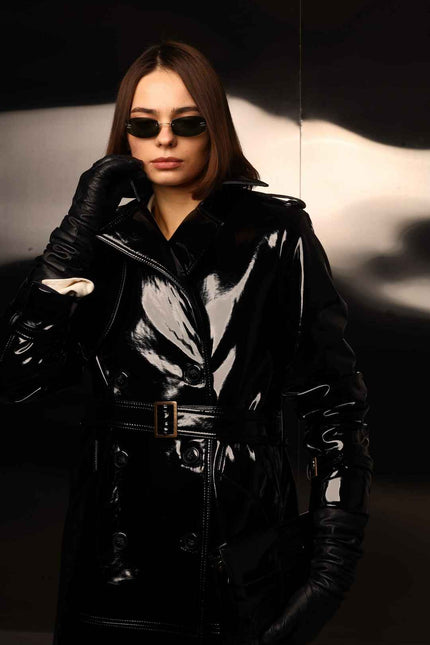 BÚDZIKO | NYC BLACK PATENT LEATHER TRENCH COAT