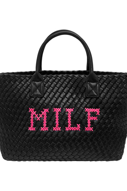 Lilly Loves MILF vegan handbag with sleek design and top handle, made from eco-friendly vegan leather, shown in black.