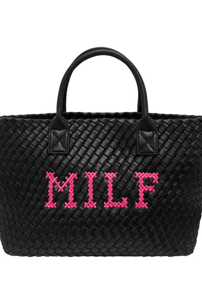 Lilly Loves MILF vegan handbag with sleek design and top handle, made from eco-friendly vegan leather, shown in black.