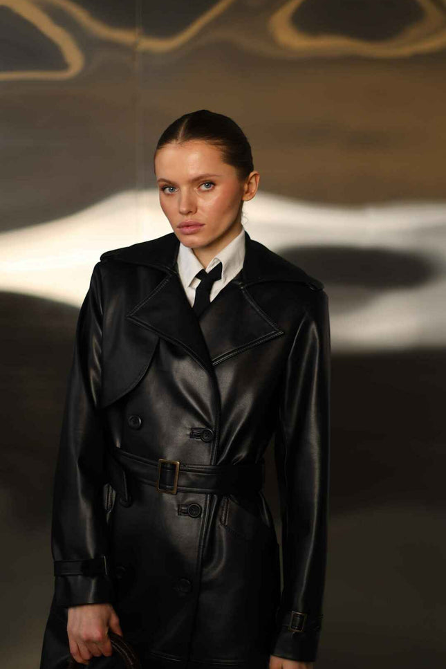 faux leather black trench coat