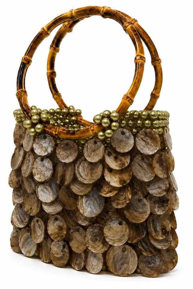 Solea Hazel Atelier Emine natural mother-of-pearl pearl handbag with bamboo handle, handmade couture bag