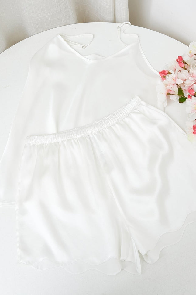 Soft Strokes Silk | Pearl White Camisole and Scalloped Shorts Pyjamas