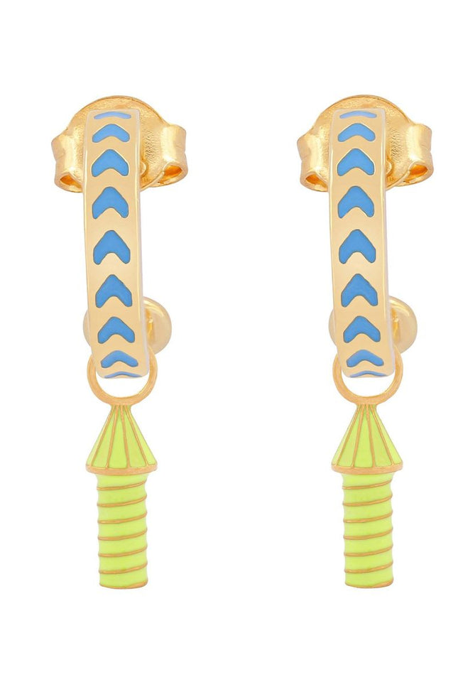 image of rocket enamel earrings in blue and yellow and gold on white background