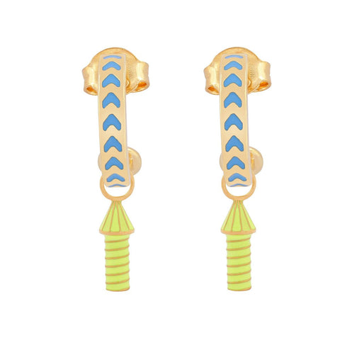 image of rocket enamel earrings in blue and yellow and gold on white background