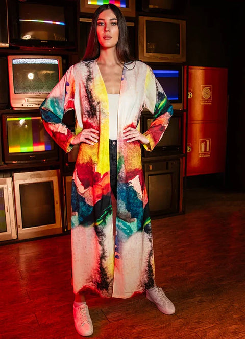Enigma Abstract Multicolour Printed Long Kimono