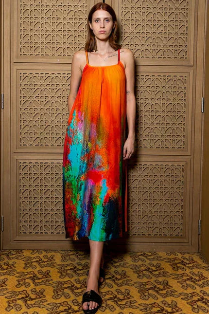 Roar Tiger Animal Print Abstract Multicolour Spaghetti Strap Maxi Dress