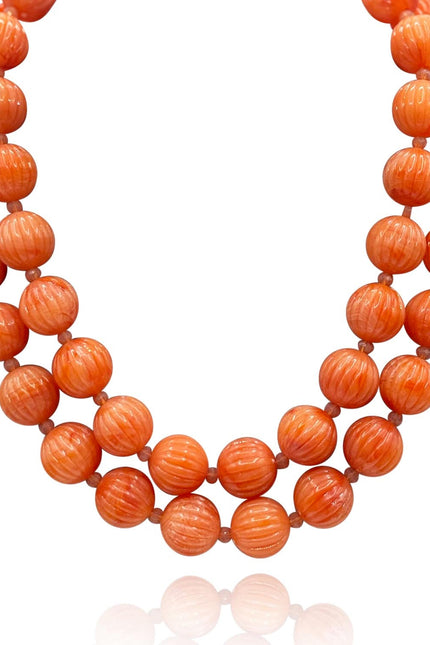 Michael Nash Jewelry |  Vincenza Coral Resin Carved Sixteen Inch Melon Bead Necklace