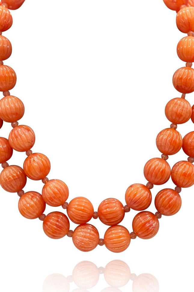 Michael Nash Jewelry |  Vincenza Coral Resin Carved Sixteen Inch Melon Bead Necklace
