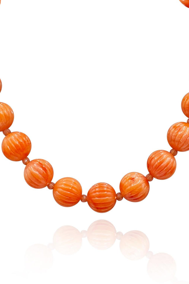Michael Nash Jewelry | Vicenza Coral Resin Carved Seventeen And One Half Inches Melon Bead Necklace