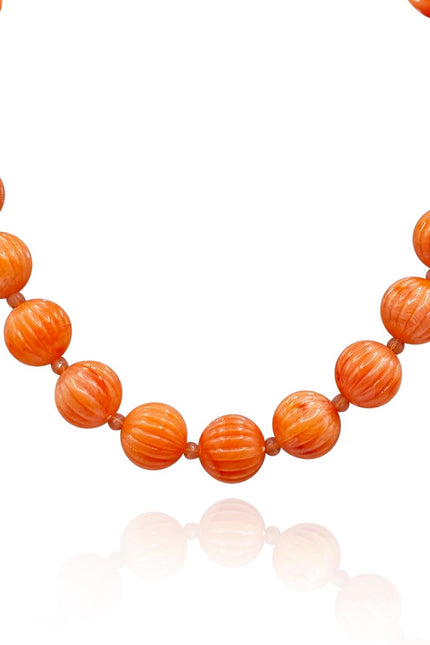 Michael Nash Jewelry |  Vincenza Coral Resin Carved Sixteen Inch Melon Bead Necklace