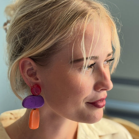 Michael Nash Jewelry | Puzzle Resin Red, Purple, Amber Multi Triple Drop Earrings