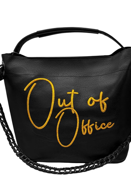 Lilly Loves Out Of Office handbag, stylish designer handbag with sleek black leather and gold accents, front view.