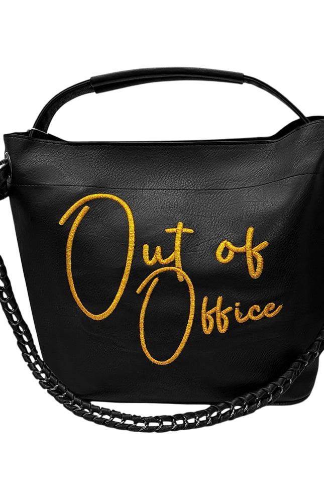 Lilly Loves Out Of Office handbag, stylish designer handbag with sleek black leather and gold accents, front view.