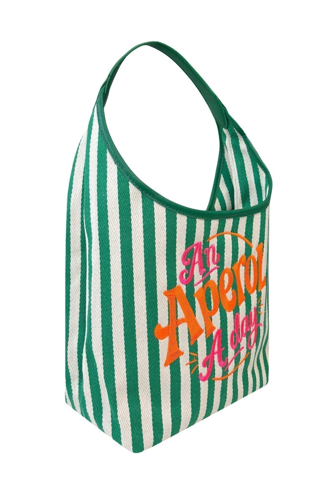 Lilly Loves Aperol a Day beach bag with vibrant green and white design, perfect for all your beach essentials.