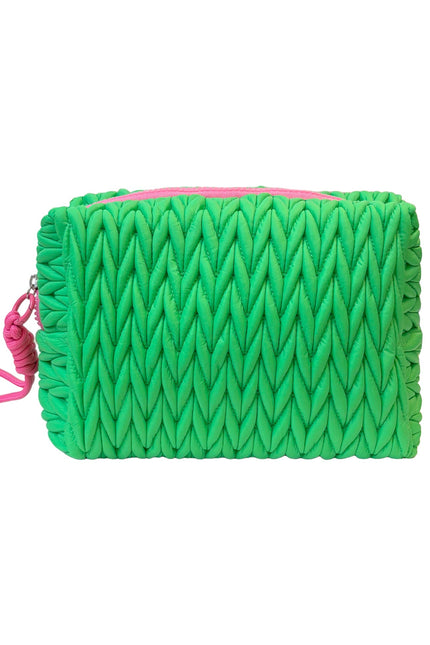 Green squishy makeup bag by Lillyloves, soft and flexible wash bag with zipper closure, ideal for storing cosmetics and accessories.