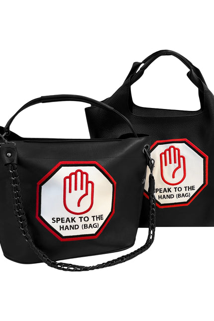 Lilly Loves Speak To The Hand handbag featuring a stylish hand-shaped design with a bold, modern look.