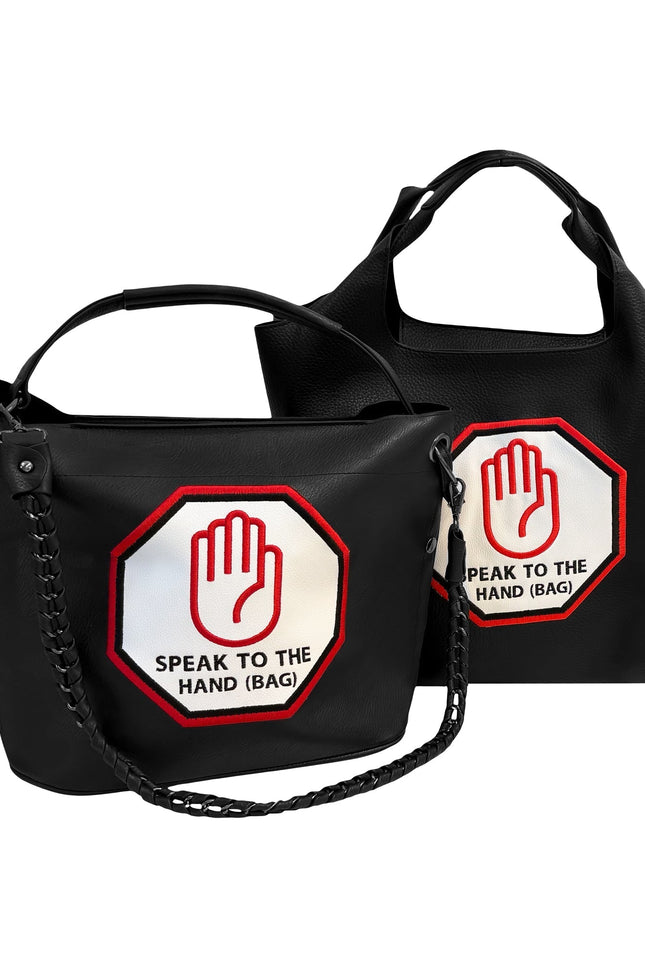 Lilly Loves Speak To The Hand handbag featuring a stylish hand-shaped design with a bold, modern look.