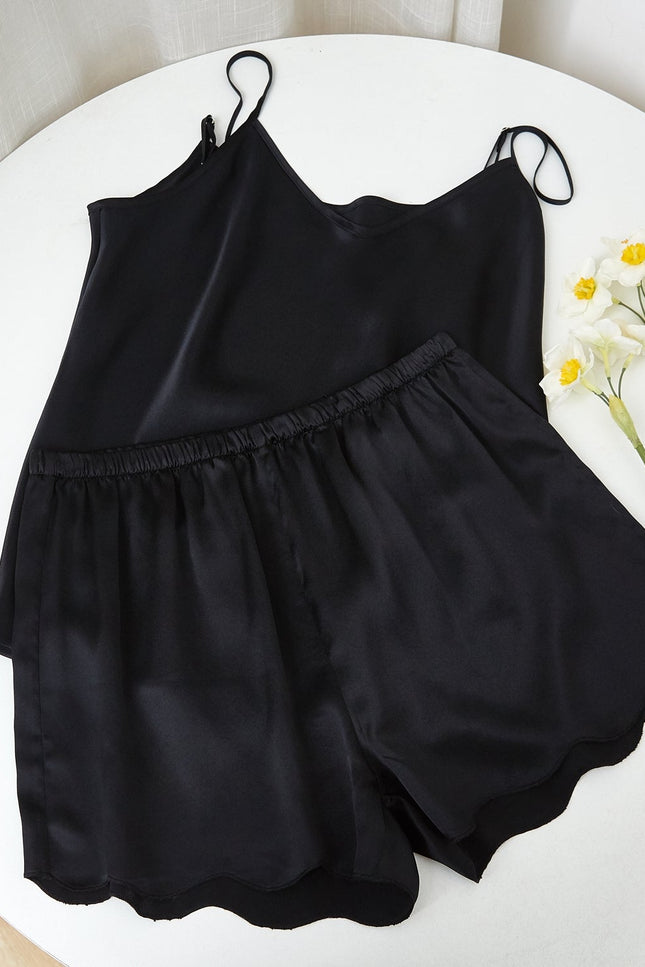 Soft Strokes Silk | Black Scallop Edged Pyjamas Shorts