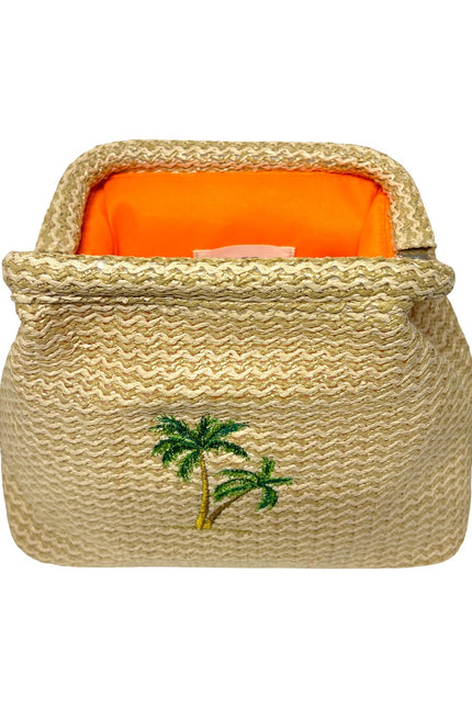 Lilly Loves Palm Tree Straw Clutch pouch with tropical palm leaf design and woven straw texture.