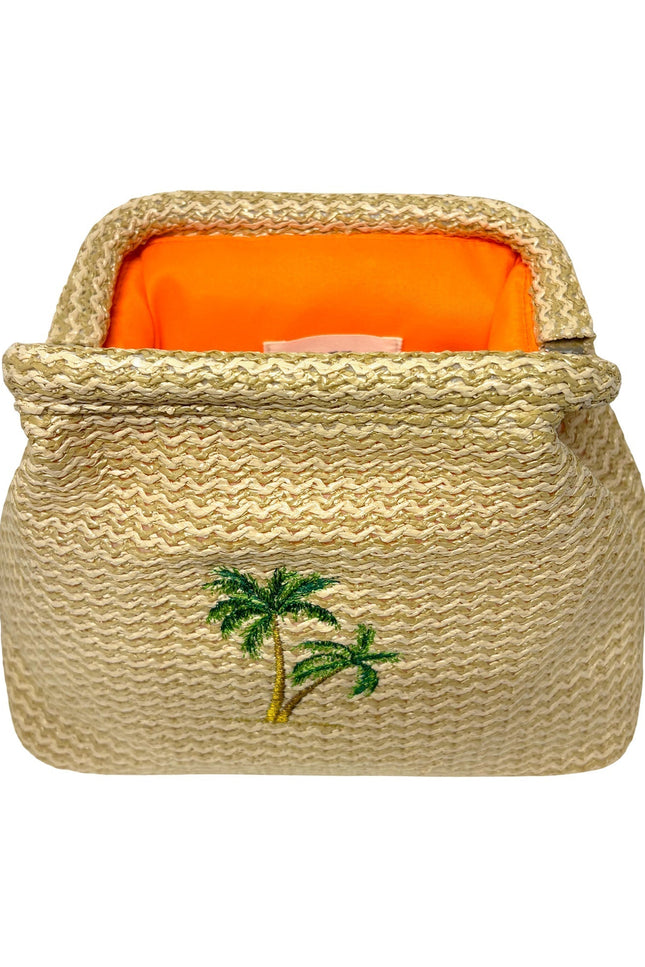 Lilly Loves Palm Tree Straw Clutch pouch with tropical palm leaf design and woven straw texture.