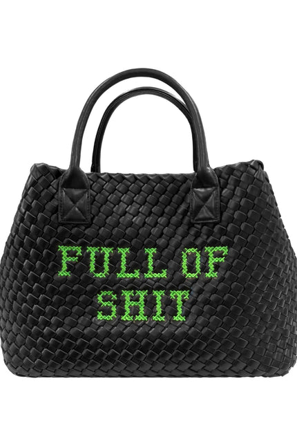 Vegan full of shit green handbag by Lilly Loves, stylish accessory with bold design and vibrant color, showing front view.