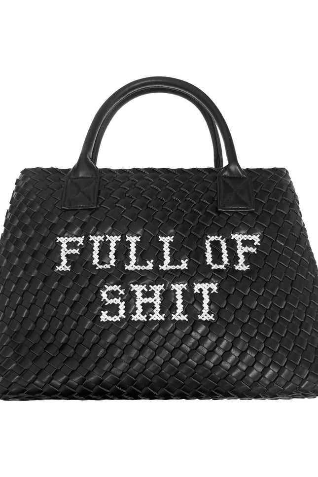 Black and white vegan handbag by Lilly Loves, featuring a bold "Full of Shit" design, with a stylish rectangular shape.