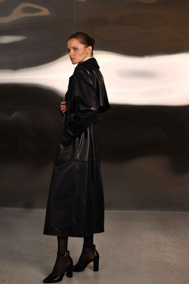 faux leather black trench coat