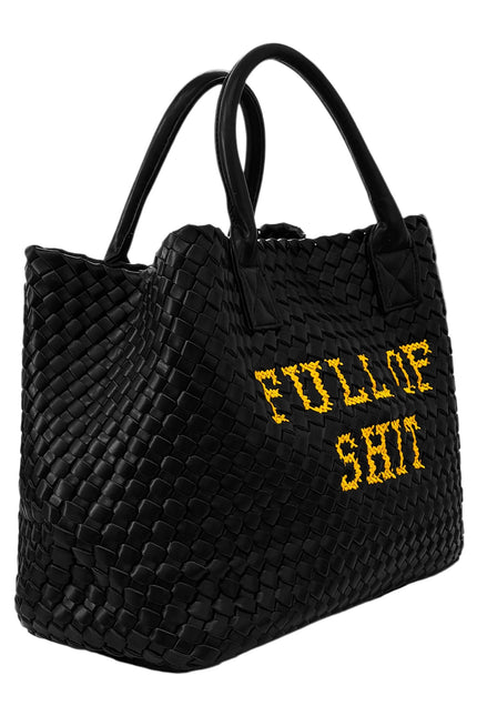 Vegan woven handbag by Lilly Loves featuring a full-of-shit design with colorful woven details and sturdy handle straps.