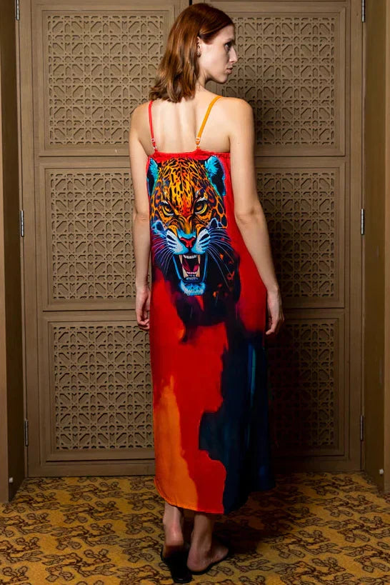 Roar Tiger Animal Print Abstract Multicolour Spaghetti Strap Maxi Dress